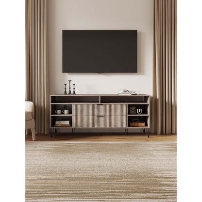 Fluted TV Stand with Storage and Metal Legs in light wood finish with open shelves on Tampa Home & Garden Store