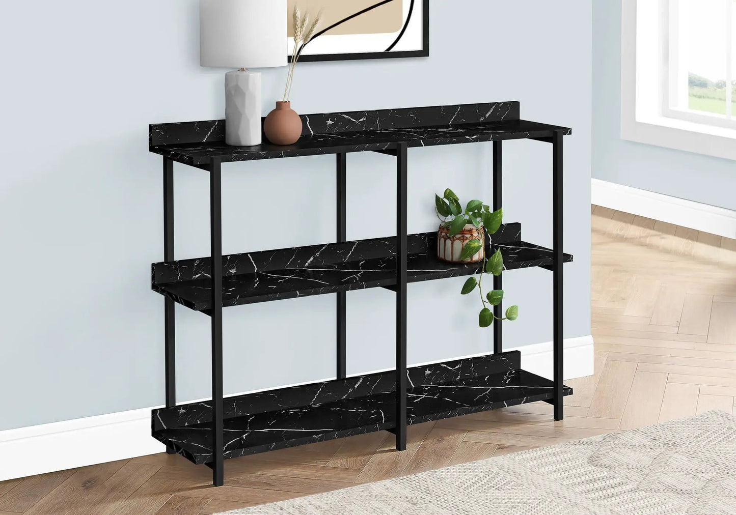 Accent Console Table For Entryway, black marble top with metal frame, three-tier shelf on Tampa Home & Garden Store