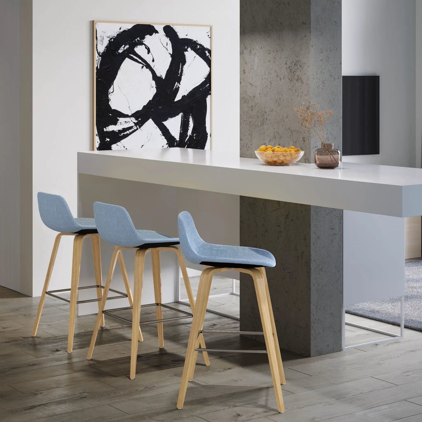 Randolph Bentwood upholstered counter stool set of 2 in light blue fabric with wood legs on Tampa Home & Garden Store