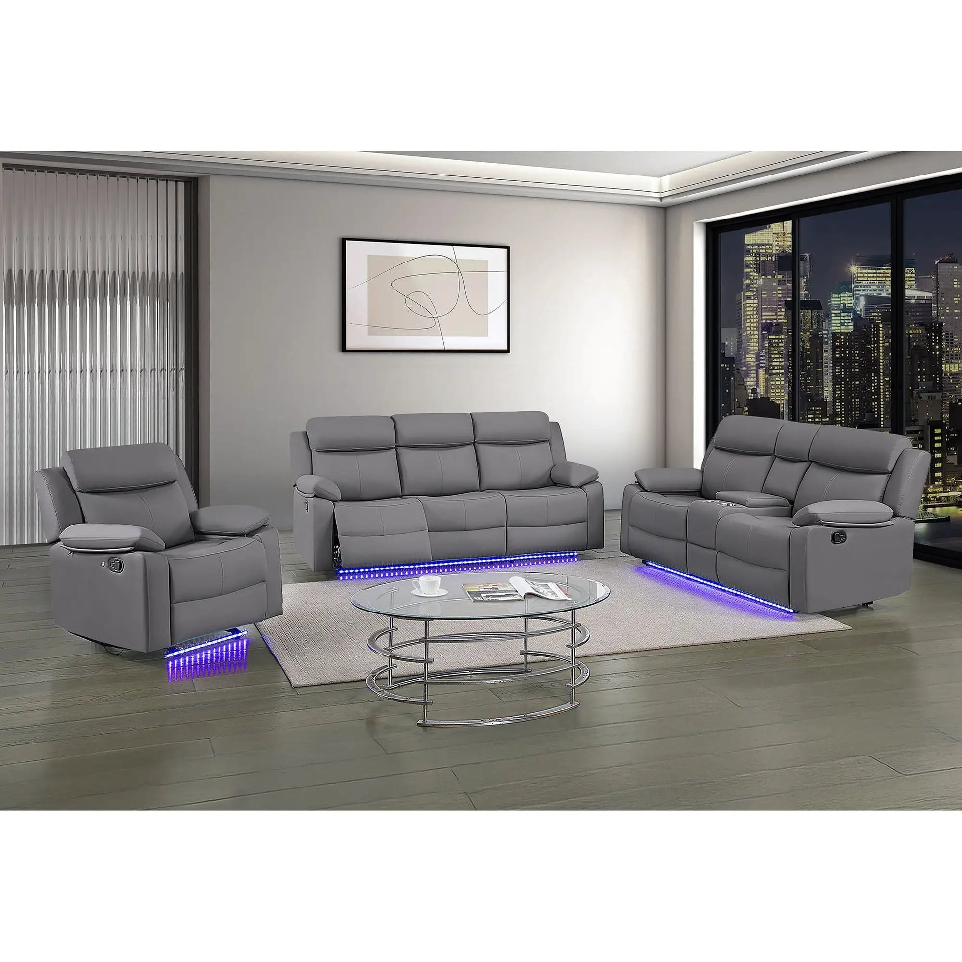 Blanche glider recliner with LED, gray faux-leather upholstery and pillow-top arms on Tampa Home & Garden Store
