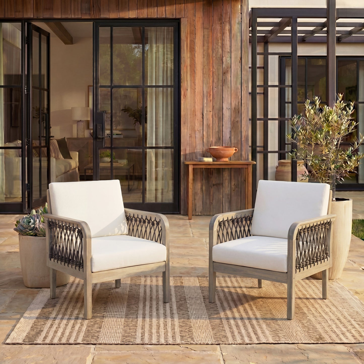 Outdoor Acacia Wood Club Chairs and Rope