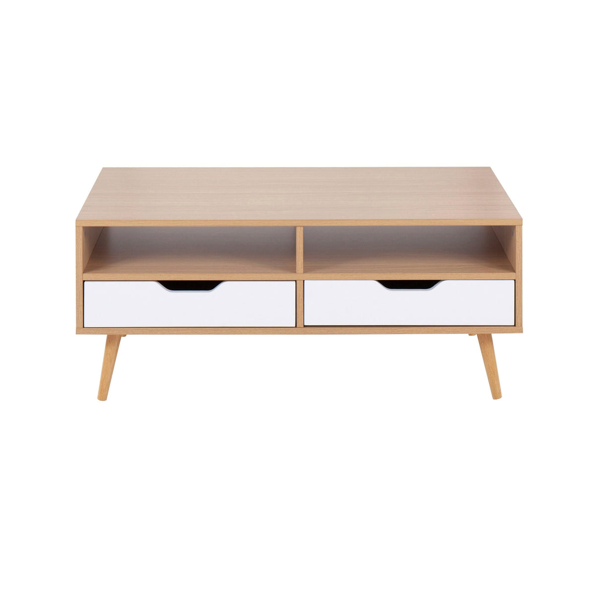 Contemporary coffee table with hidden storage drawers in natural wood with white drawer fronts on Tampa Home & Garden Store