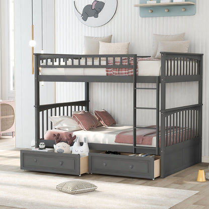 Bunk bed with drawers by HouseOfZazla, convertible design, dark gray frame with plaid bedding on Tampa Home & Garden Store