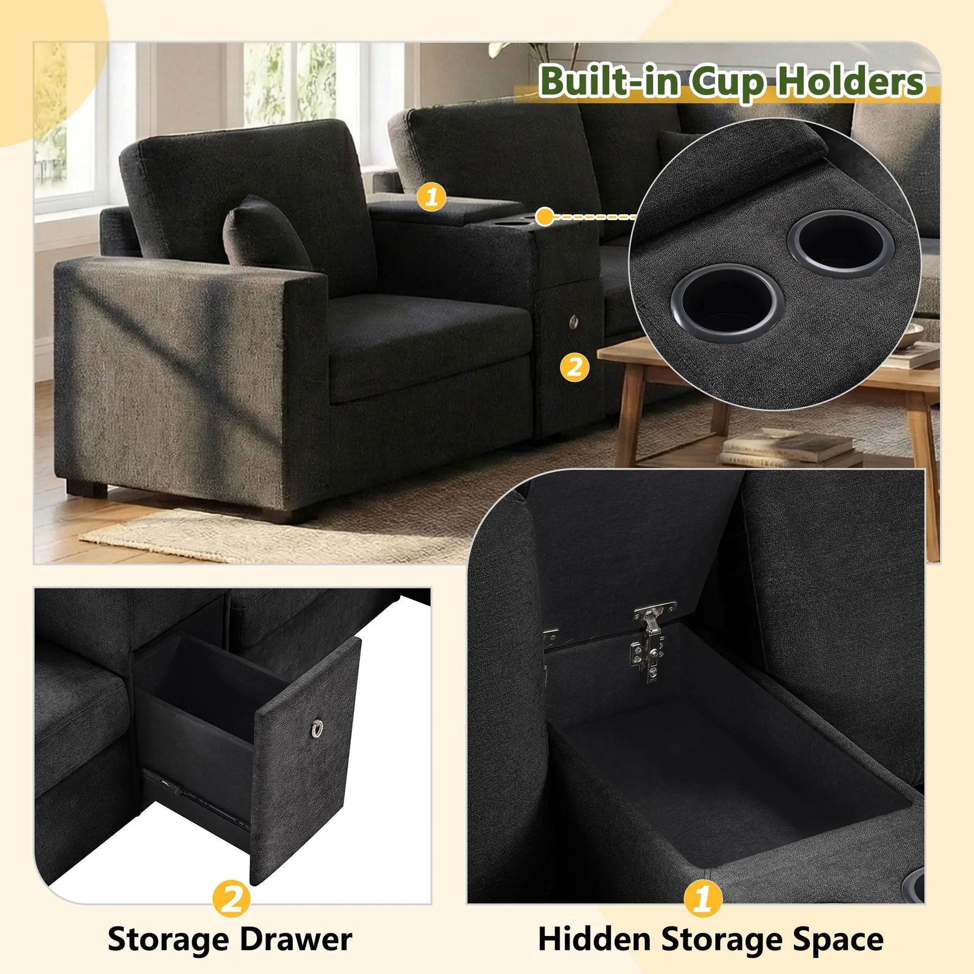 Modular 5-seat U-shape sectional sofa with chaise, black fabric, built-in cup holders and storage drawer on Tampa Home & Garden Store