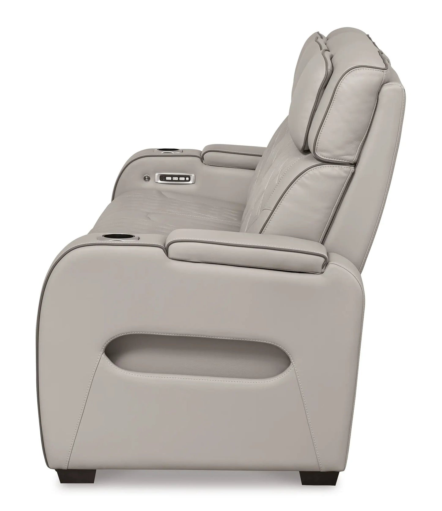 Boyington power reclining sofa with adjustable headrests in beige leather; built-in cup holders on Tampa Home & Garden Store