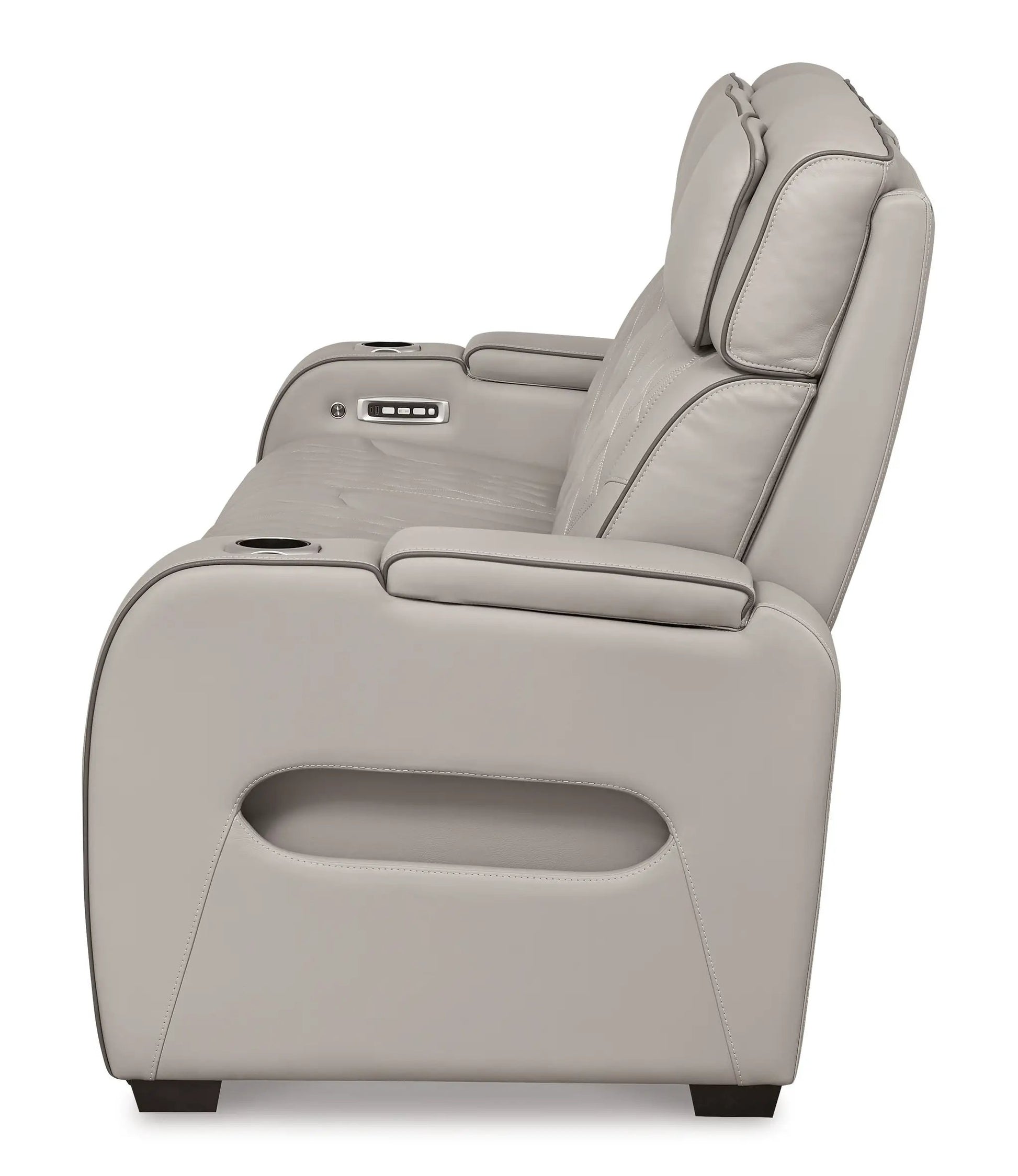 Boyington power reclining sofa with adjustable headrests in beige leather; built-in cup holders on Tampa Home & Garden Store