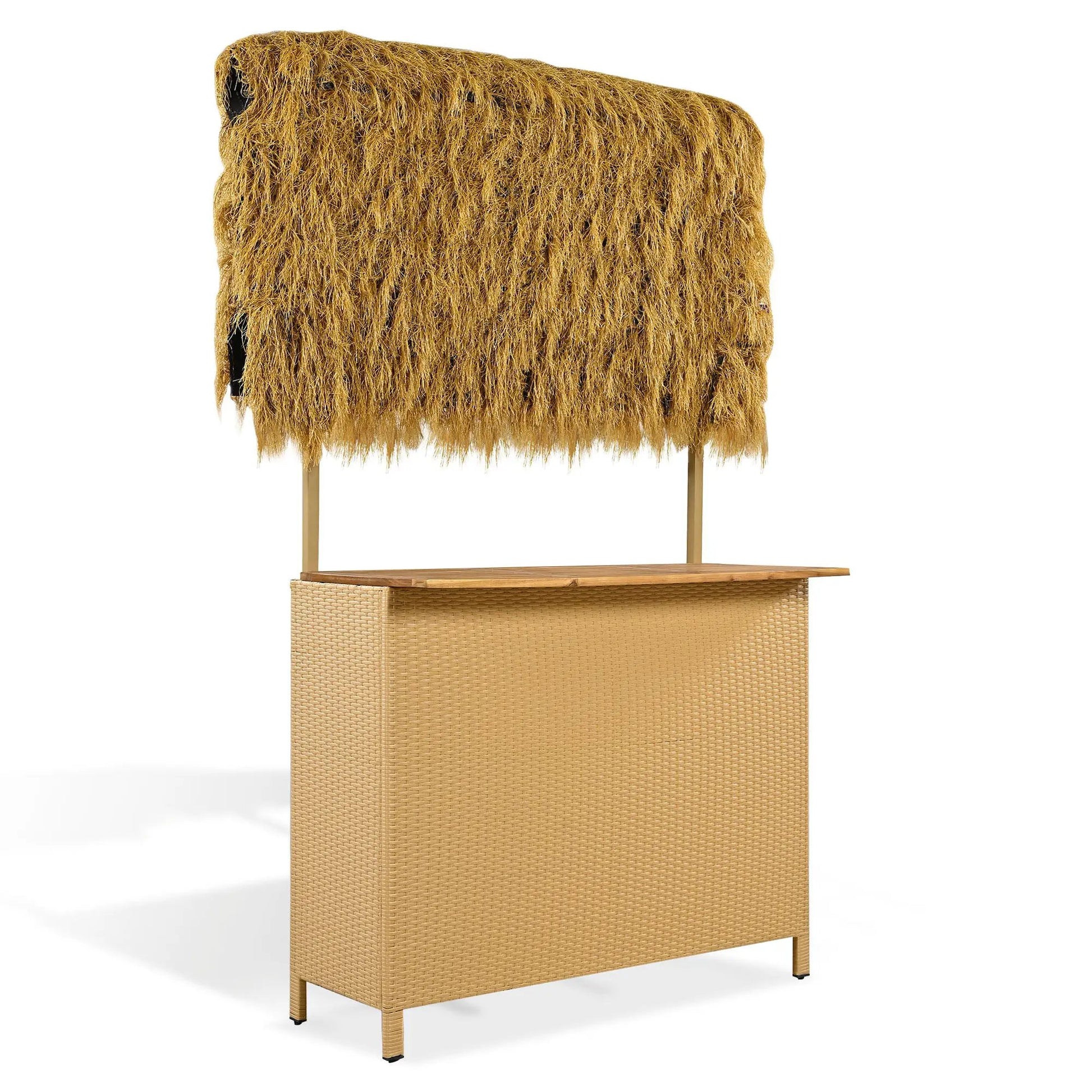 Three-piece Hawaiian-style bar-height outdoor set with PE grass canopy and acacia wood top on Tampa Home & Garden Store