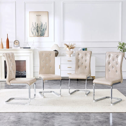 Elegant Upholstered Dining Chairs with beige fabric, crystal tufting and chrome cantilever legs on Tampa Home & Garden Store