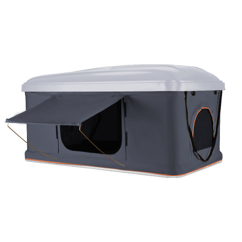 Hard shell roof tent by Sell My Stuff, gray fabric with orange trim and retractable awning on Tampa Home & Garden Store