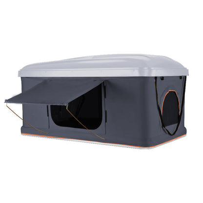 Hard shell roof tent by Sell My Stuff, gray fabric with orange trim and retractable awning on Tampa Home & Garden Store