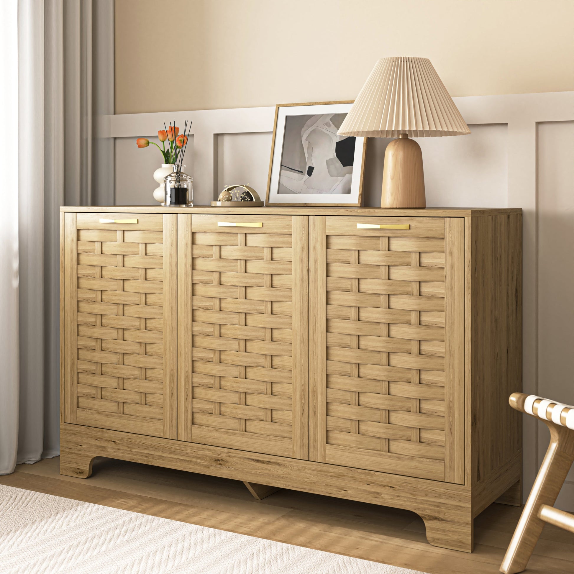 Storage Cabinet with 3 Doors in natural woven wood veneer by HouseOfZazla, a stylish buffet on Tampa Home & Garden Store