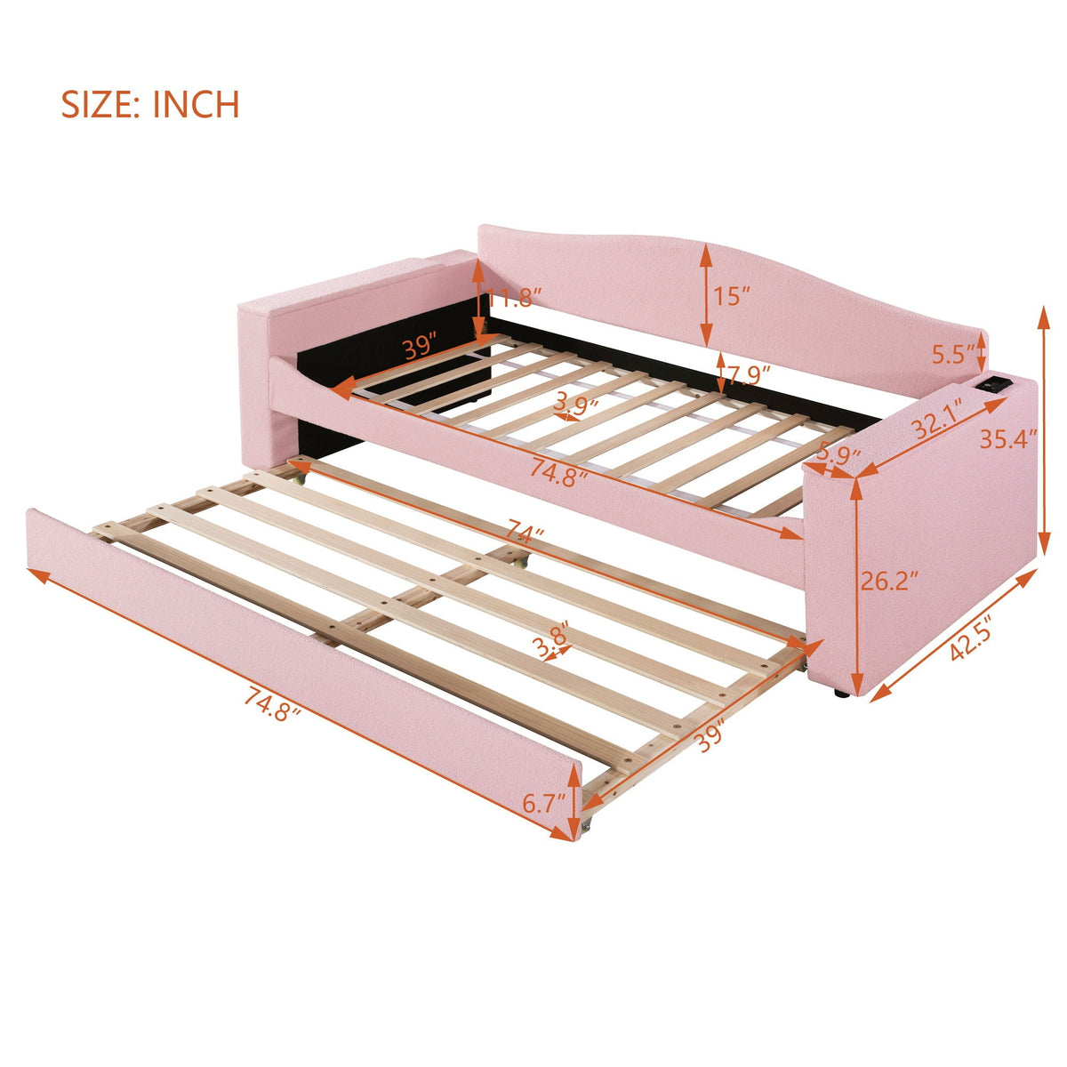 Upholstered pink daybed with storage arms and trundle by HouseOfZazla built-in audio system on Tampa Home & Garden Store