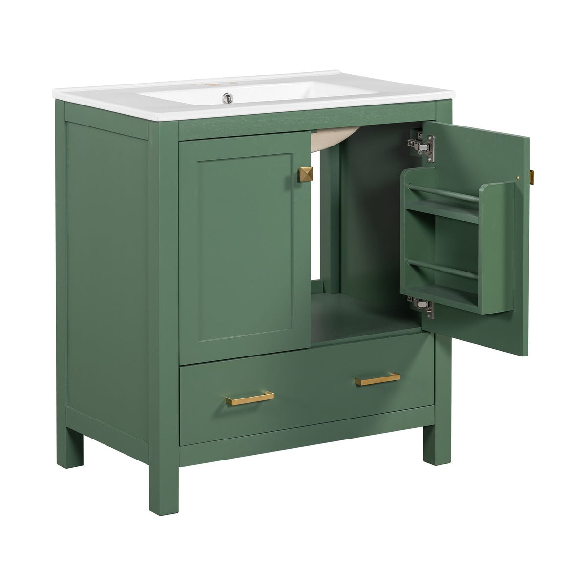Green solid wood bathroom vanity with white countertop, undermount sink on Tampa Home & Garden Store