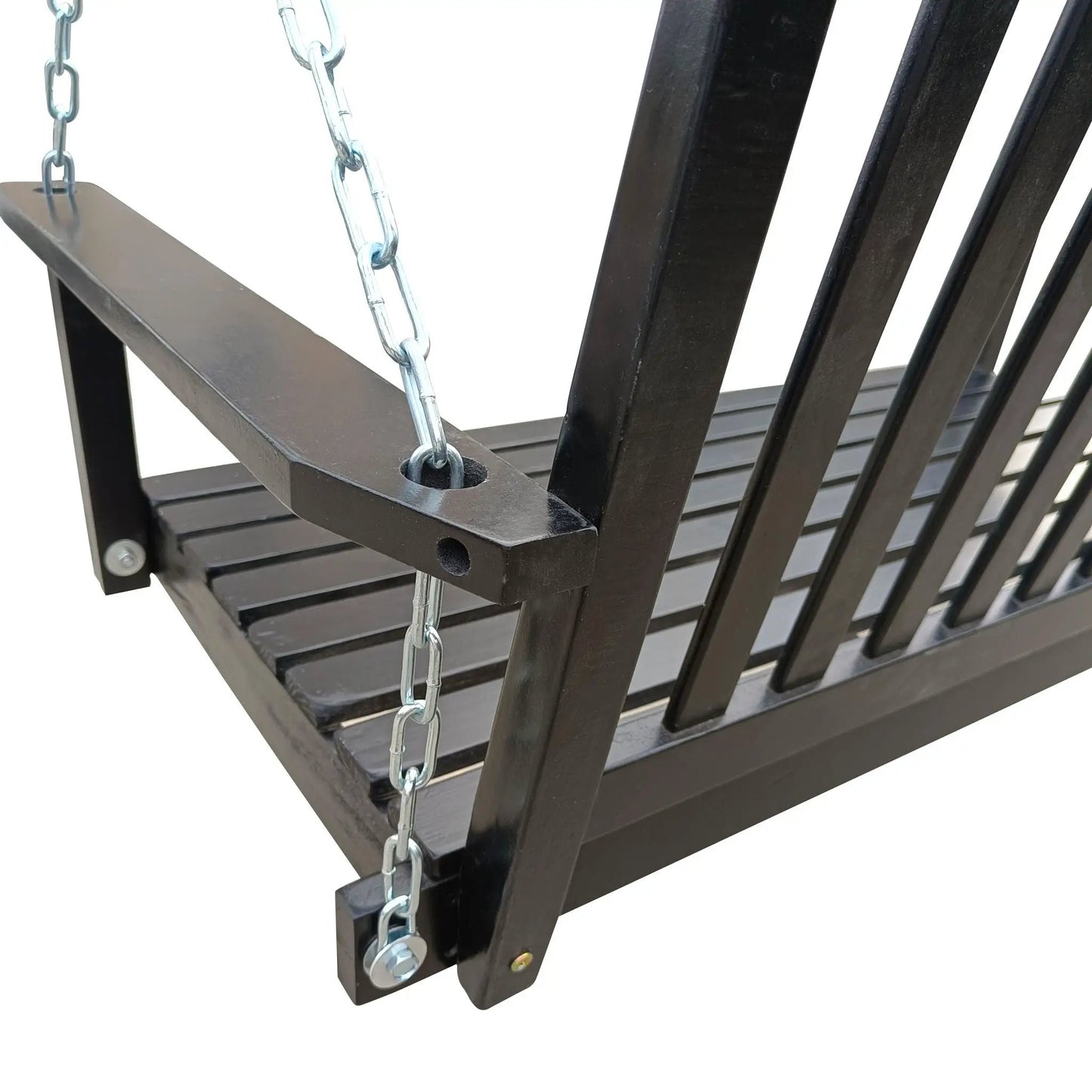 Front porch swing with armrests in dark brown wood, metal chains, Unique Piece Furniture on Tampa Home & Garden Store