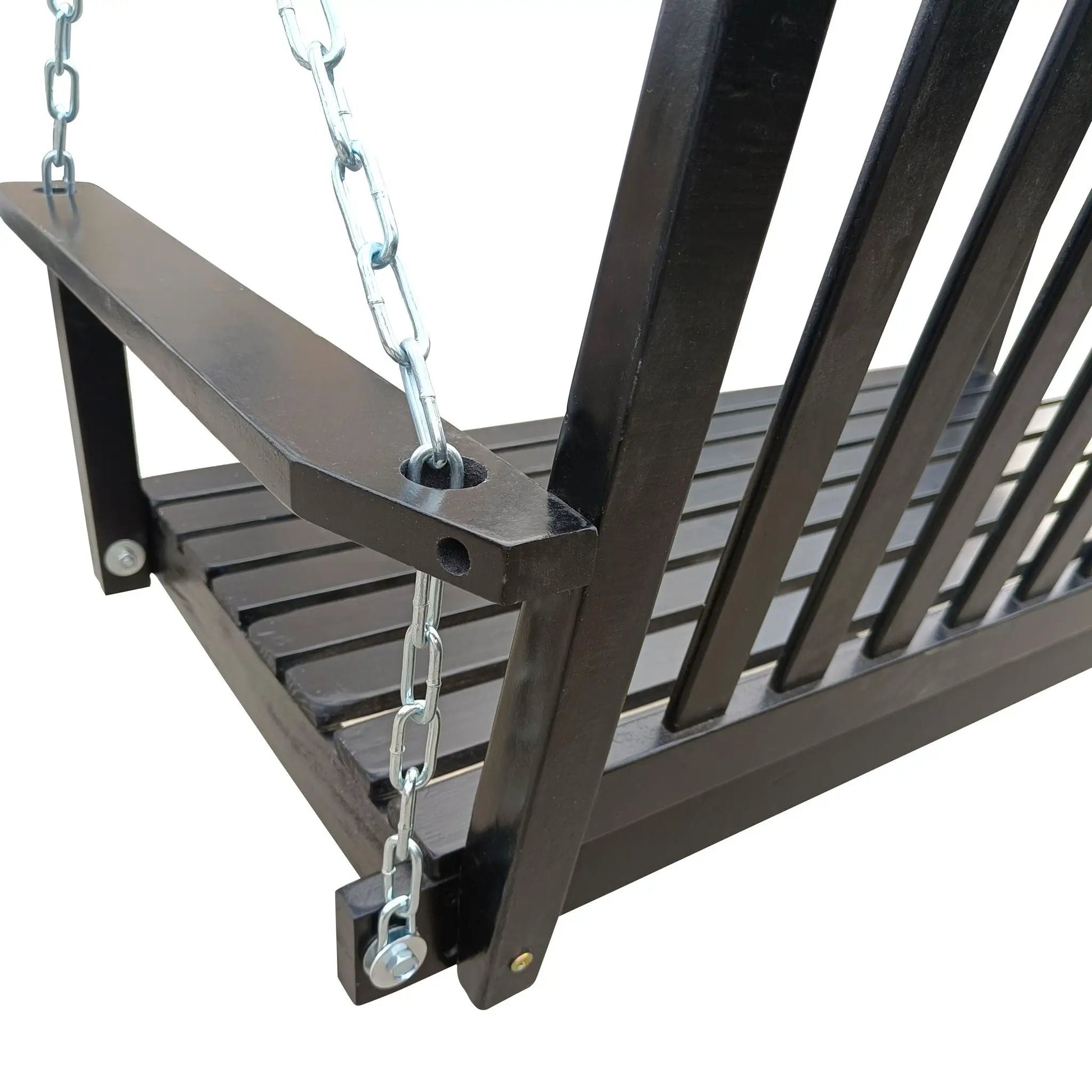 Front porch swing with armrests in dark brown wood, metal chains, Unique Piece Furniture on Tampa Home & Garden Store