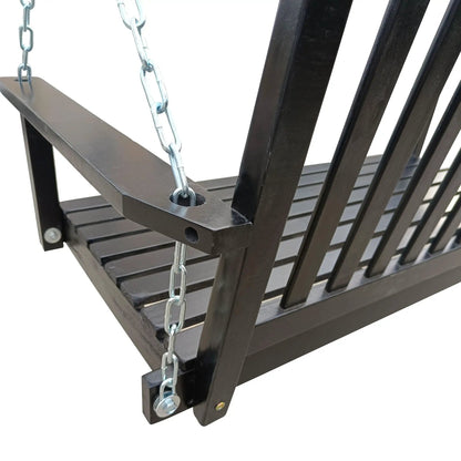 Front porch swing with armrests in dark brown wood, metal chains, Unique Piece Furniture on Tampa Home & Garden Store