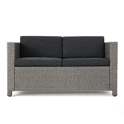Puerta 4-Piece Outdoor Furniture Set gray wicker sofa with dark cushions HouseOfZazla on Tampa Home & Garden Store