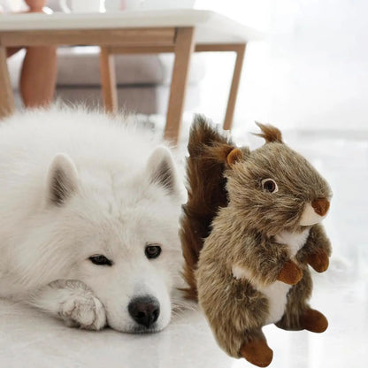 Squeaky dog toy set with white dog plush and brown squirrel plush, interactive chewers on Tampa Home & Garden Store