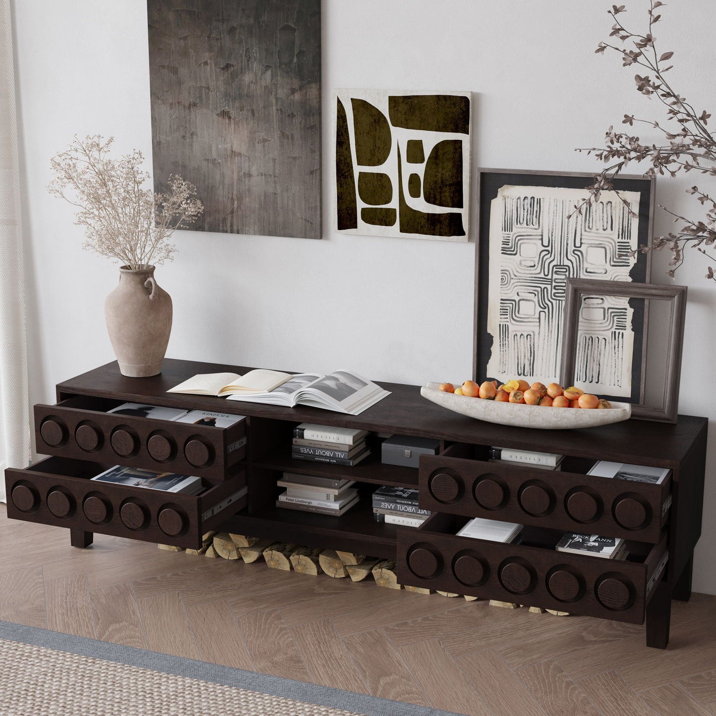 HouseOfZazla media console with 4 drawers and cable management in dark wood finish on Tampa Home & Garden Store