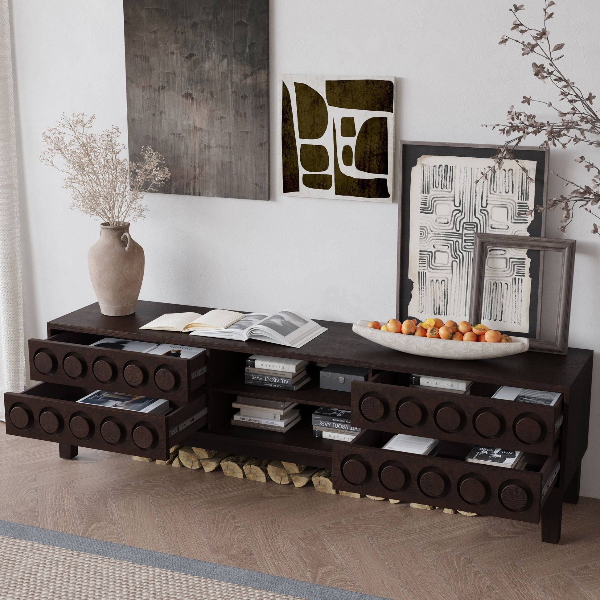 HouseOfZazla media console with 4 drawers and cable management in dark wood finish on Tampa Home & Garden Store