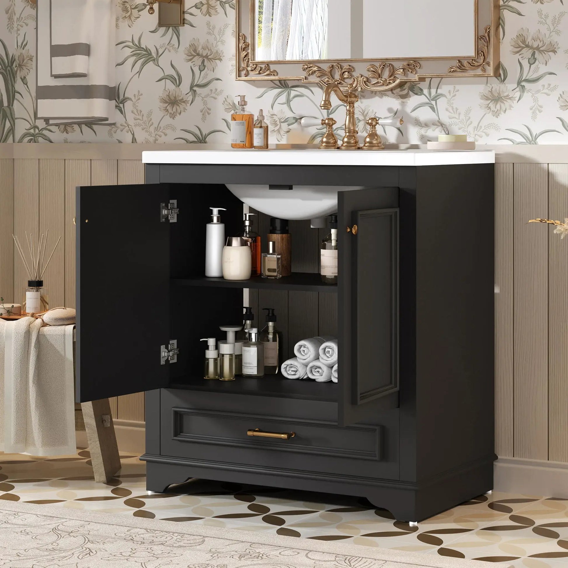 Vanity with sink, white countertop, brass faucet, 2 soft closing doors, adjustable shelf on Tampa Home & Garden Store