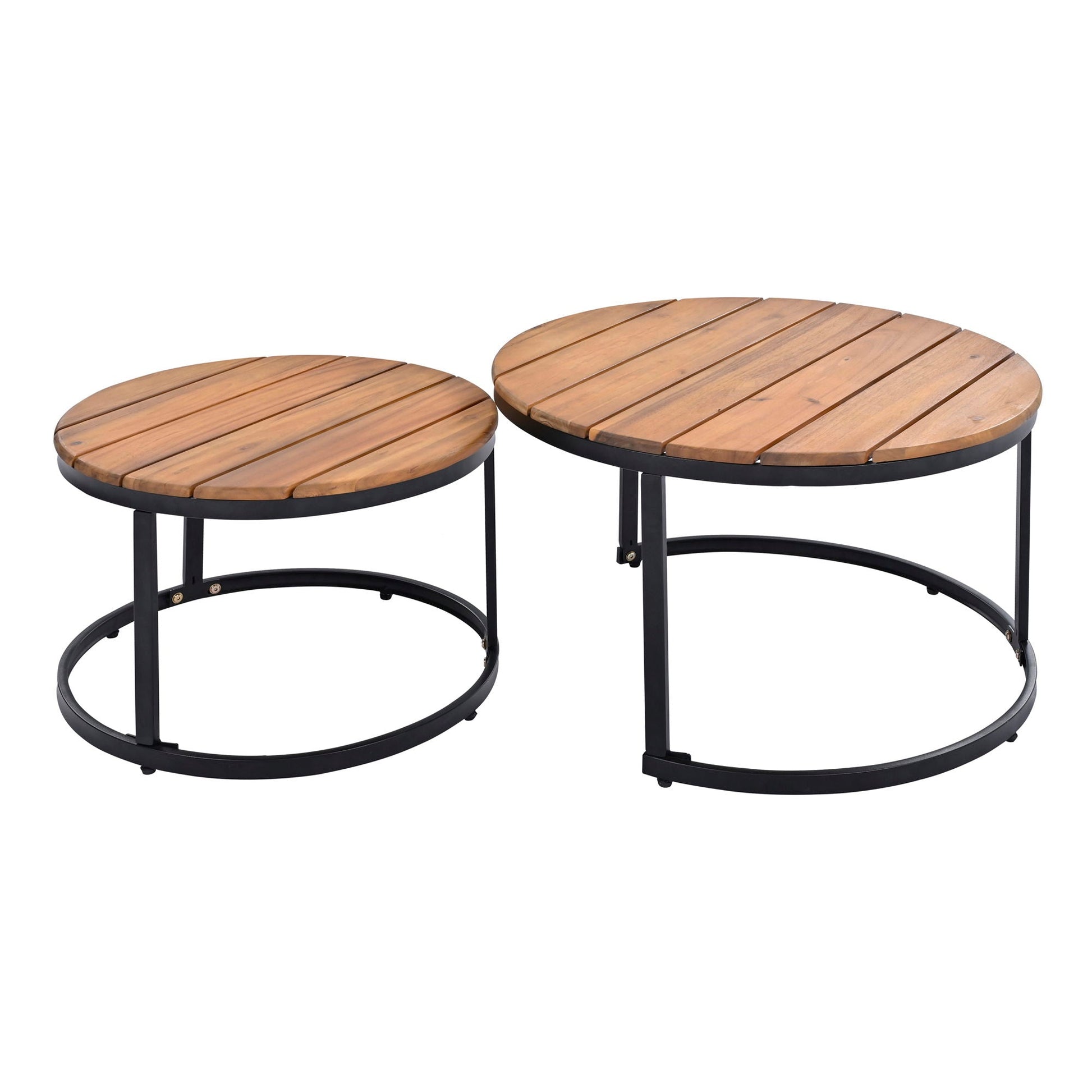 HouseOfZazla nesting outdoor coffee tables in warm wood slats with black metal frames, pair on Tampa Home & Garden Store