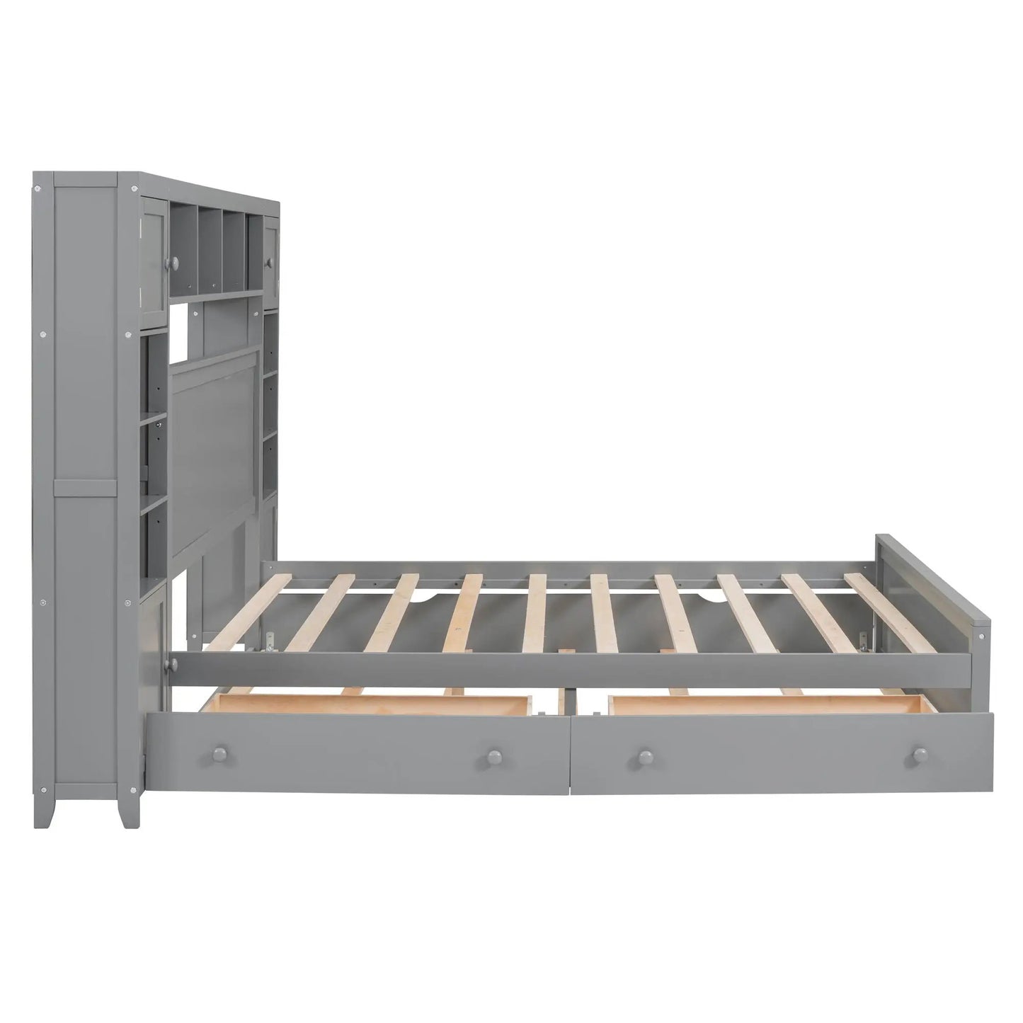 Gray bed with all-in-one cabinet, shelves and sockets; twin long trundle on Tampa Home & Garden Store