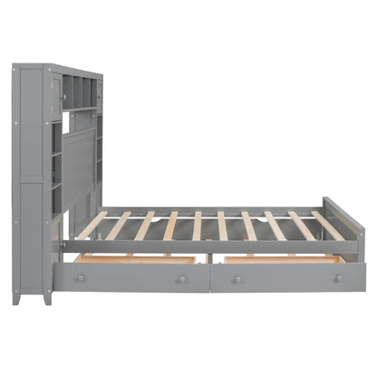 Gray bed with all-in-one cabinet, shelves and sockets; twin long trundle on Tampa Home & Garden Store
