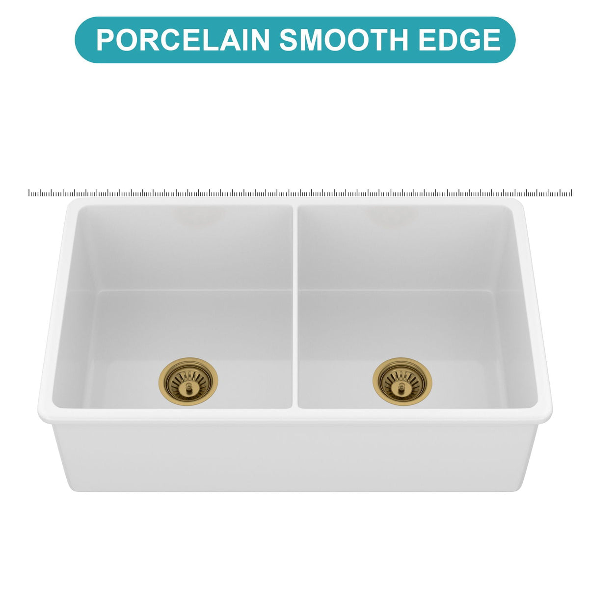 32in white porcelain undermount double-bowl sink with divider and gold drains by HouseOfZazla on Tampa Home & Garden Store
