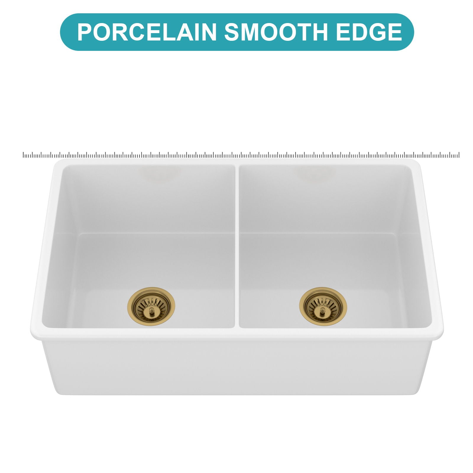 32in white porcelain undermount double-bowl sink with divider and gold drains by HouseOfZazla on Tampa Home & Garden Store