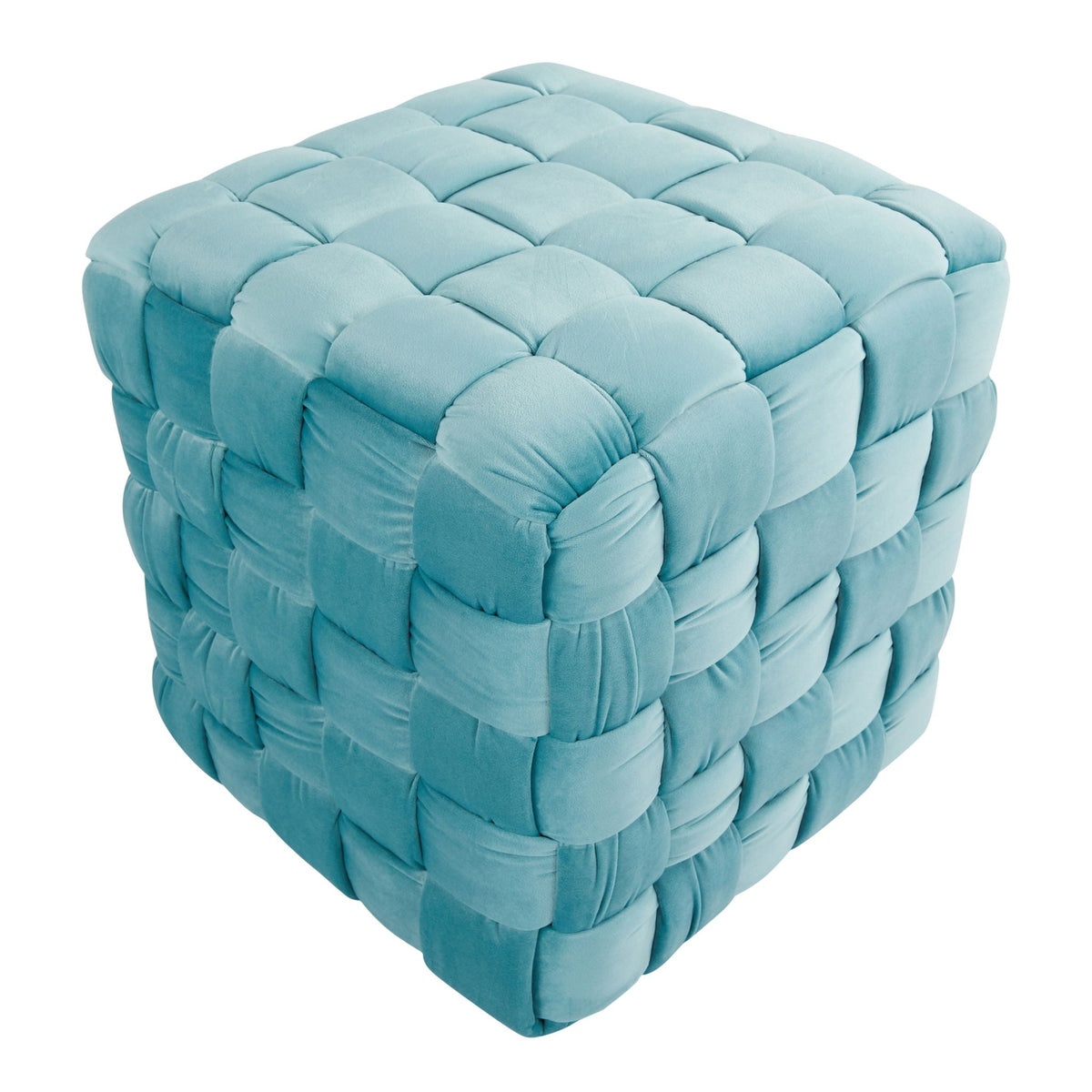 Square braided ottoman in teal blue upholstery with chunky braided panels by HouseOfZazla on Tampa Home & Garden Store