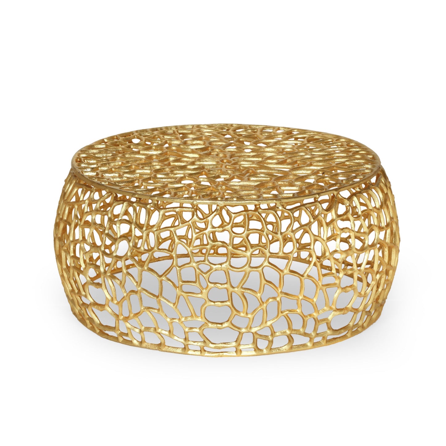 HouseOfZazla Modern Glam Mesh Coffee Table with gold accents and aluminum frame, round lattice on Tampa Home & Garden Store