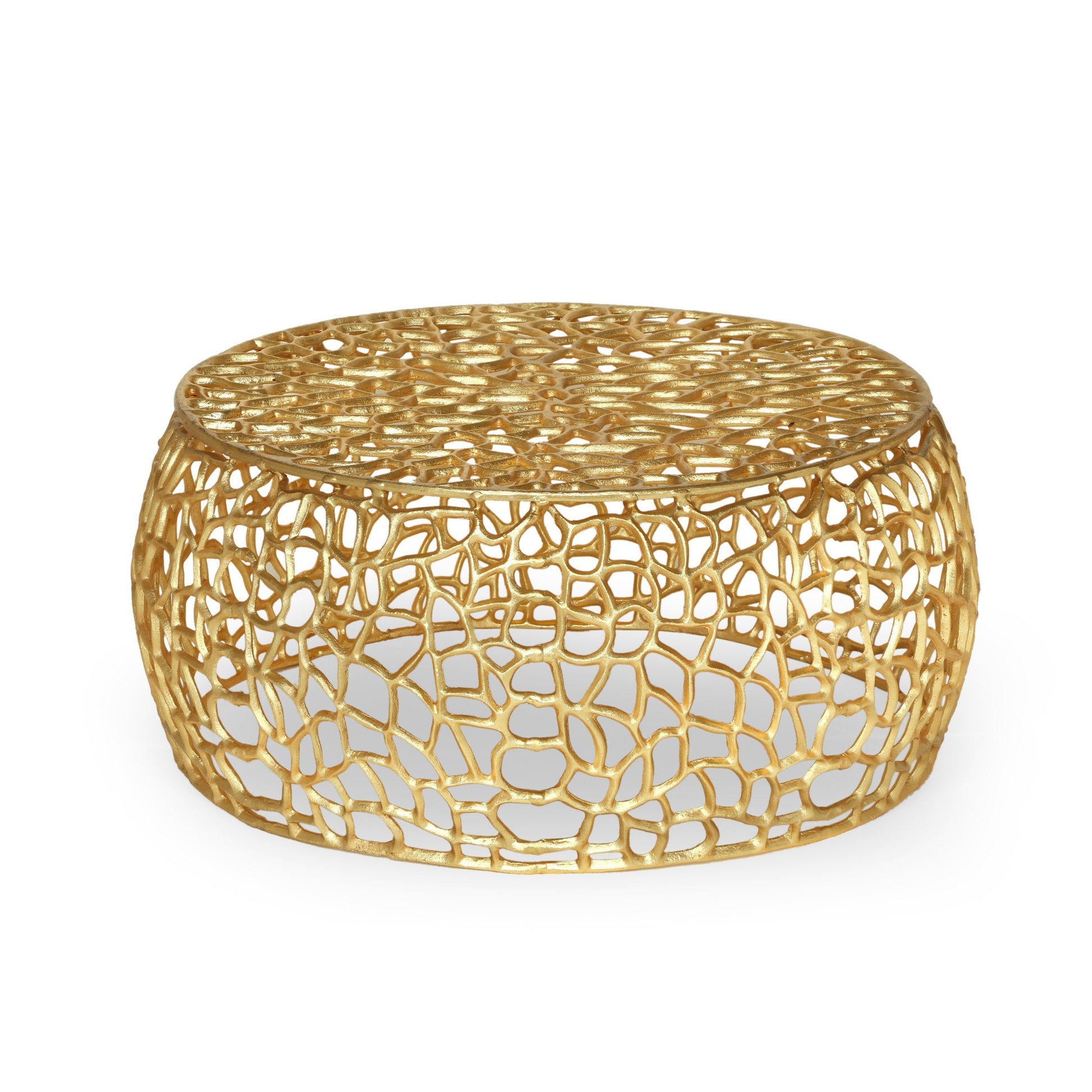 HouseOfZazla Modern Glam Mesh Coffee Table with gold accents and aluminum frame, round lattice on Tampa Home & Garden Store