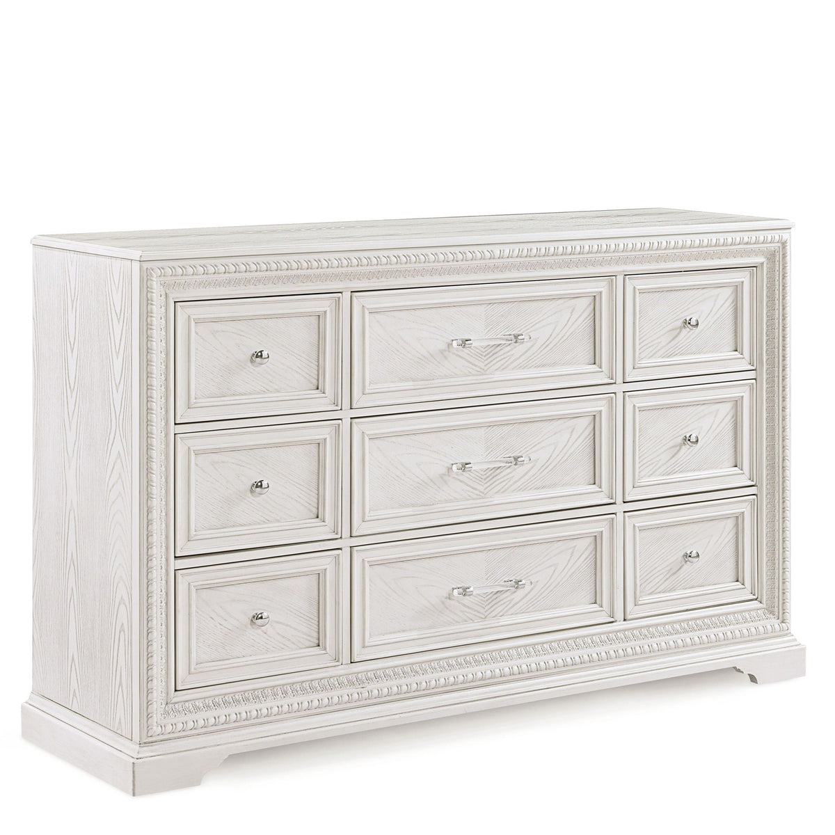 6 Drawer Storage Dresser in antique white with carved trim and framed fronts on Tampa Home & Garden Store