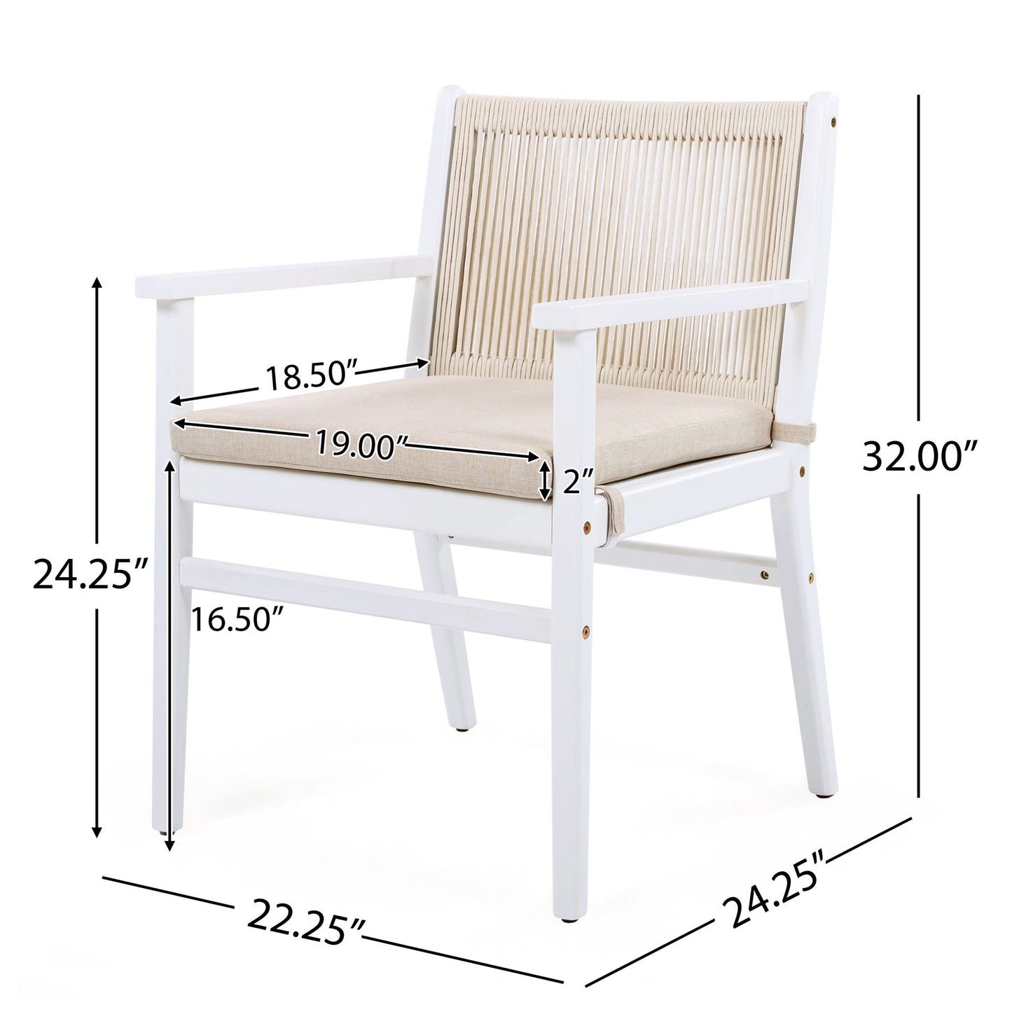 Outdoor acacia wood patio dining armchairs, white frame with beige seat cushions, set of 2 on Tampa Home & Garden Store