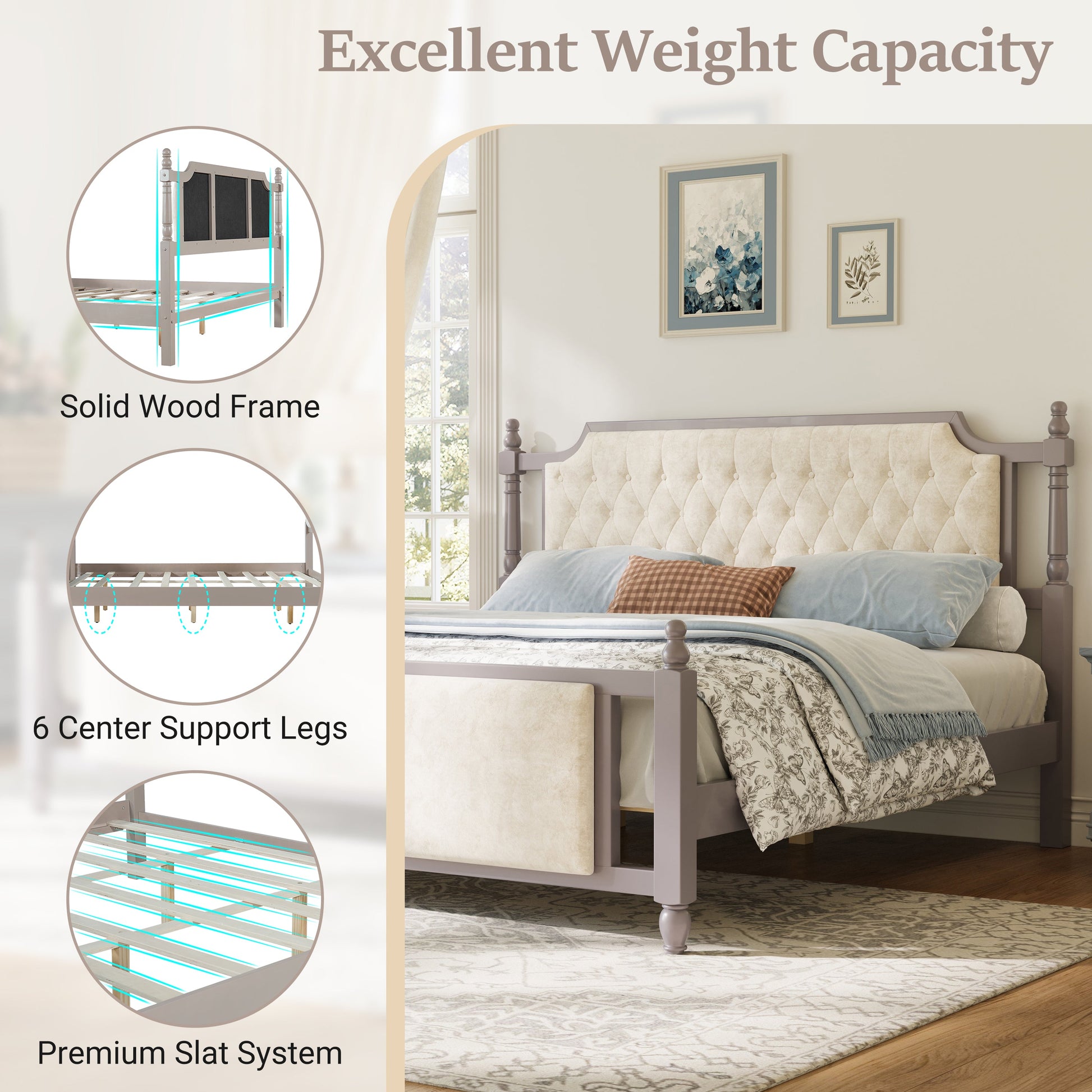 King Size Upholstered Platform Bed with Button Tufted Headboard beige HouseOfZazla on Tampa Home & Garden Store