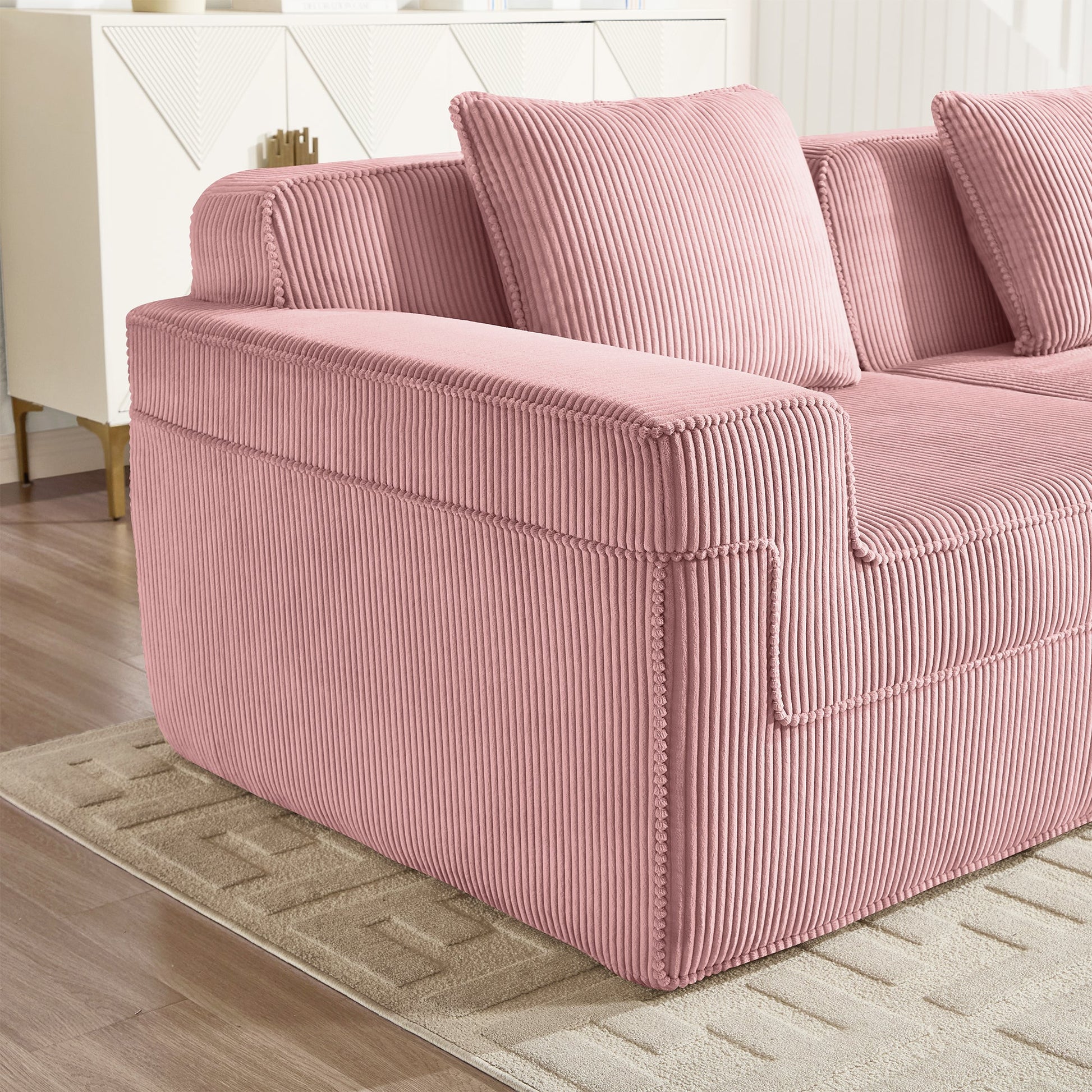 Modular 4-seat L-shaped pink corduroy sofa with ribbed upholstery on Tampa Home & Garden Store