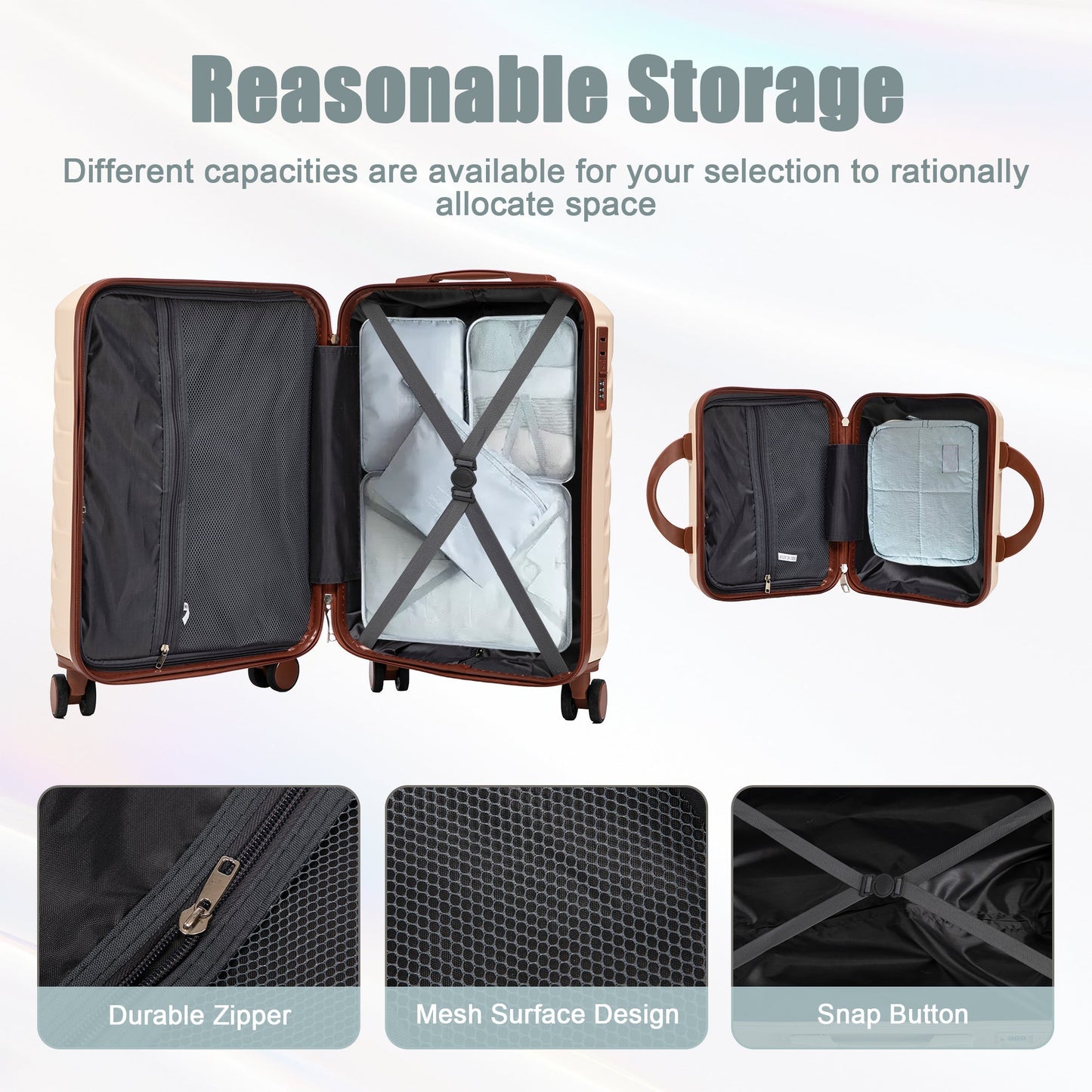 14'/20' Beige ABS Spinner Wheel Luggage Set by HouseOfZazla; 2-piece open interior with cross straps on Tampa Home & Garden Store