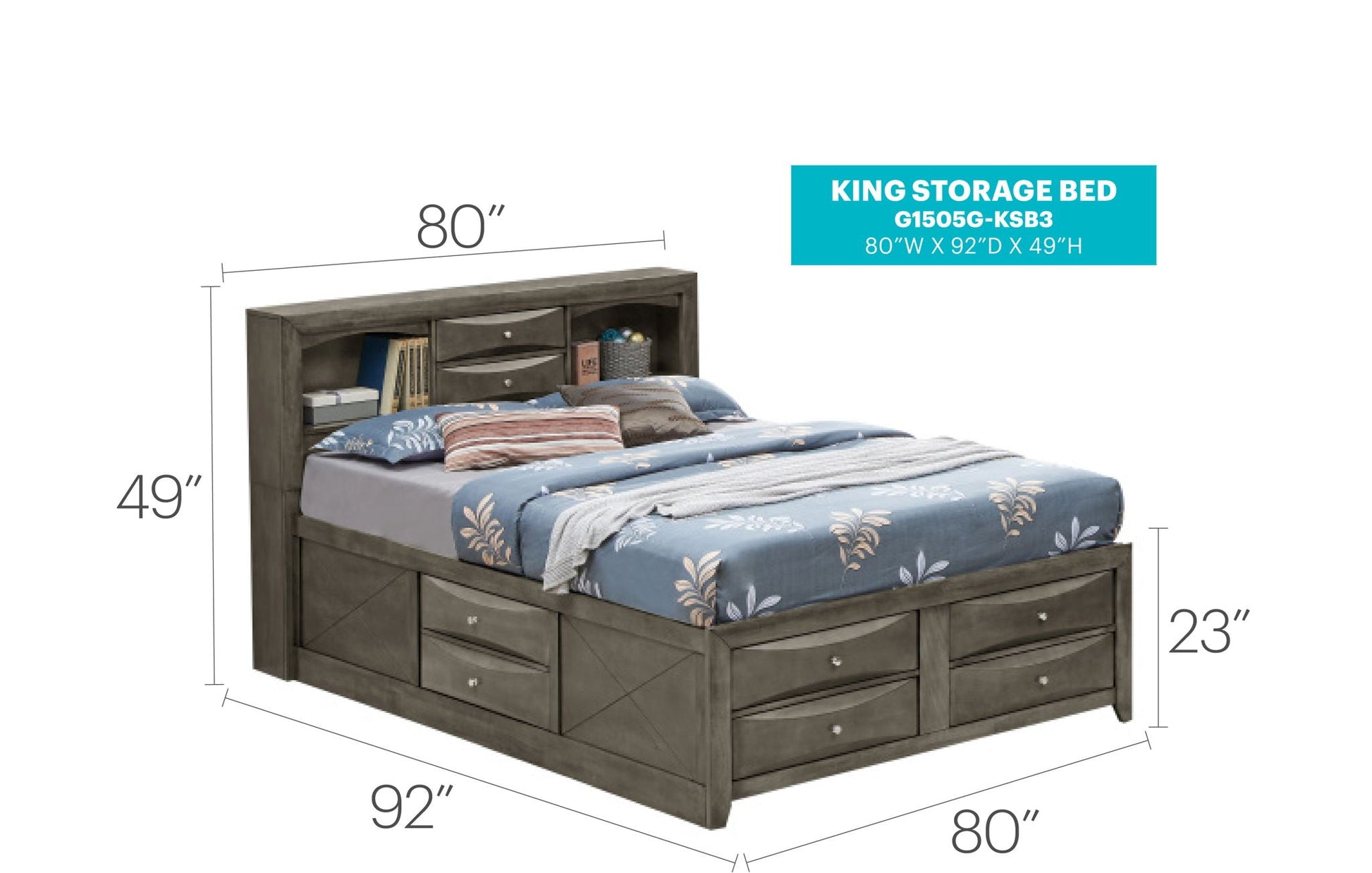 Modern Design Storage Bed With Bookcase Headboard in dark gray wood open shelves and drawers on Tampa Home & Garden Store