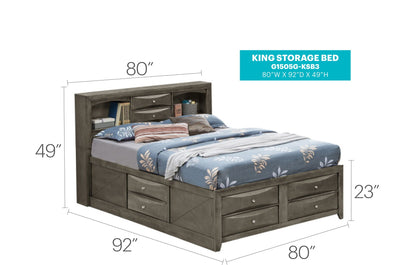 Modern Design Storage Bed With Bookcase Headboard in dark gray wood open shelves and drawers on Tampa Home & Garden Store