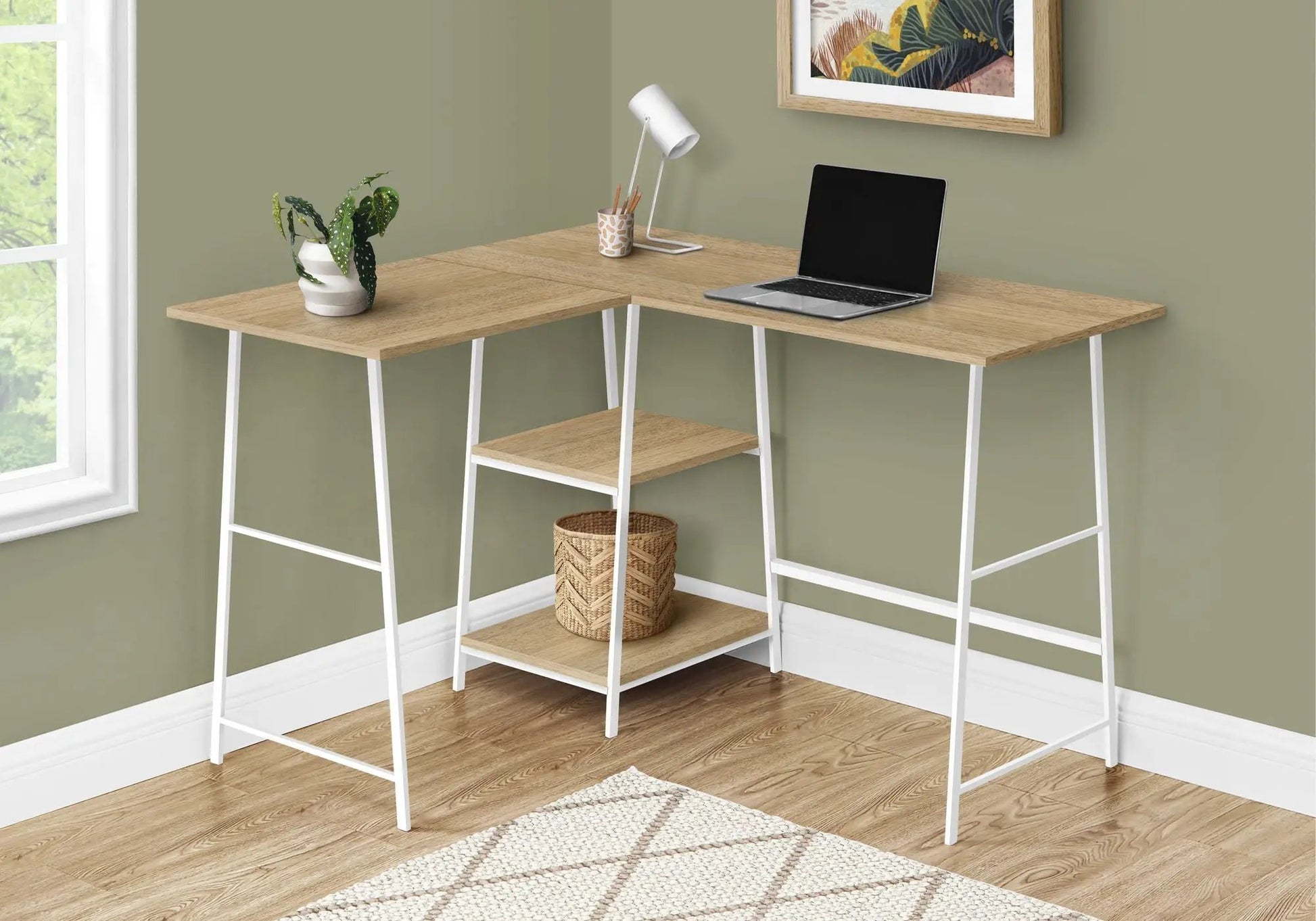 Corner L-shaped computer desk with storage wood top and white frame on Tampa Home & Garden Store
