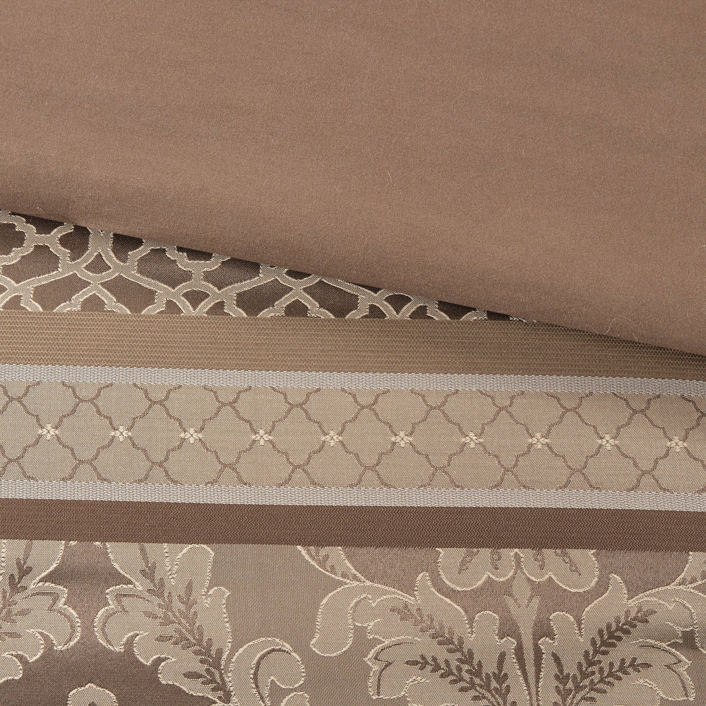 7 Piece Jacquard Comforter Set Brown/Gold Queen solid brown fabric with beige patterned trim on Tampa Home & Garden Store