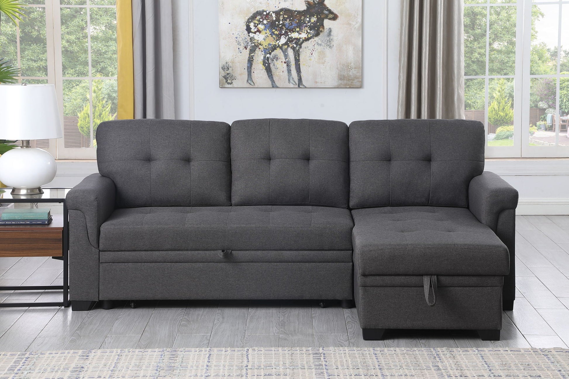 Lucca reversible sleeper sectional sofa with storage chaise in dark gray fabric on Tampa Home & Garden Store