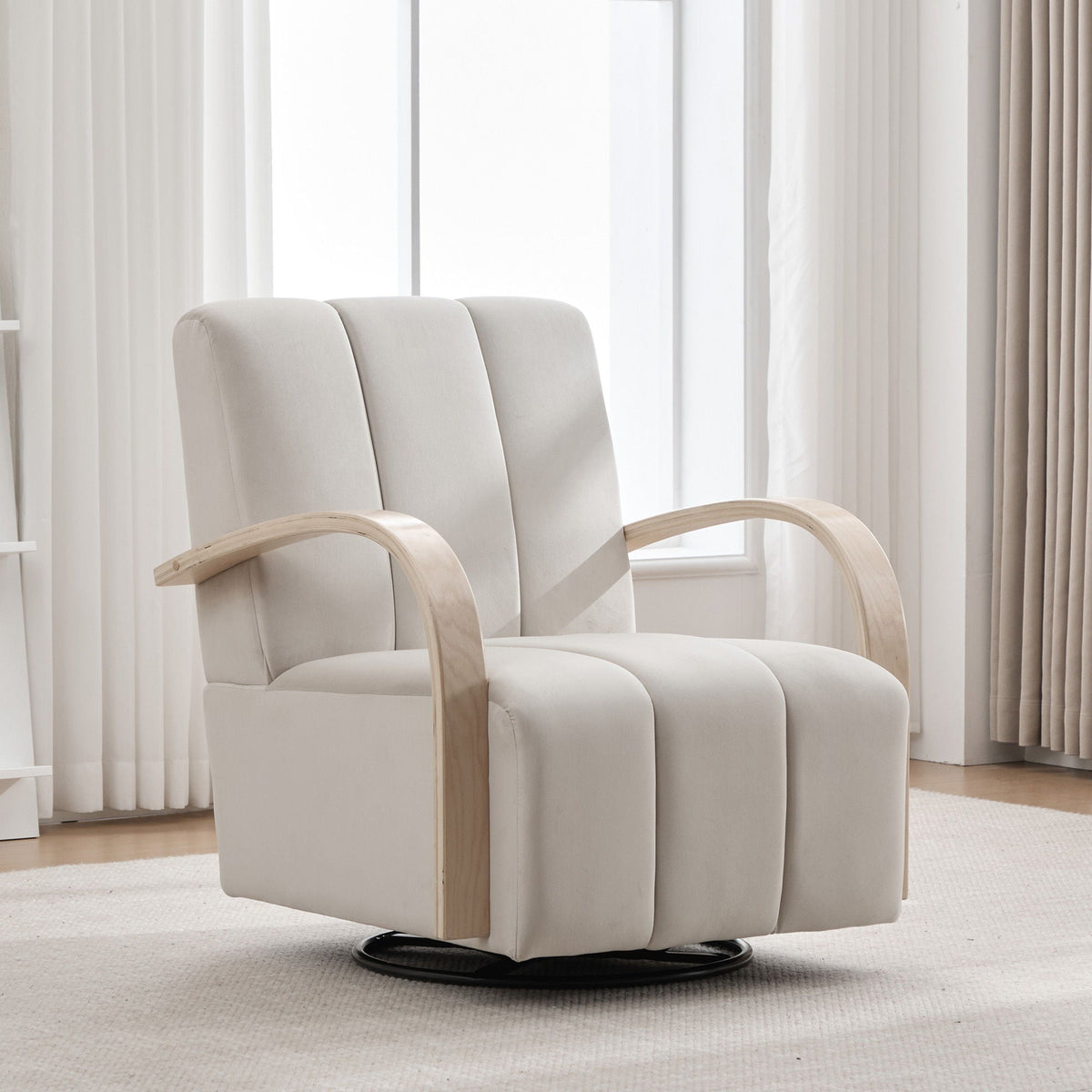 360° Swivel Accent Chair with Armrests beige upholstery, light wood arms, round base, 2 chairs on Tampa Home & Garden Store