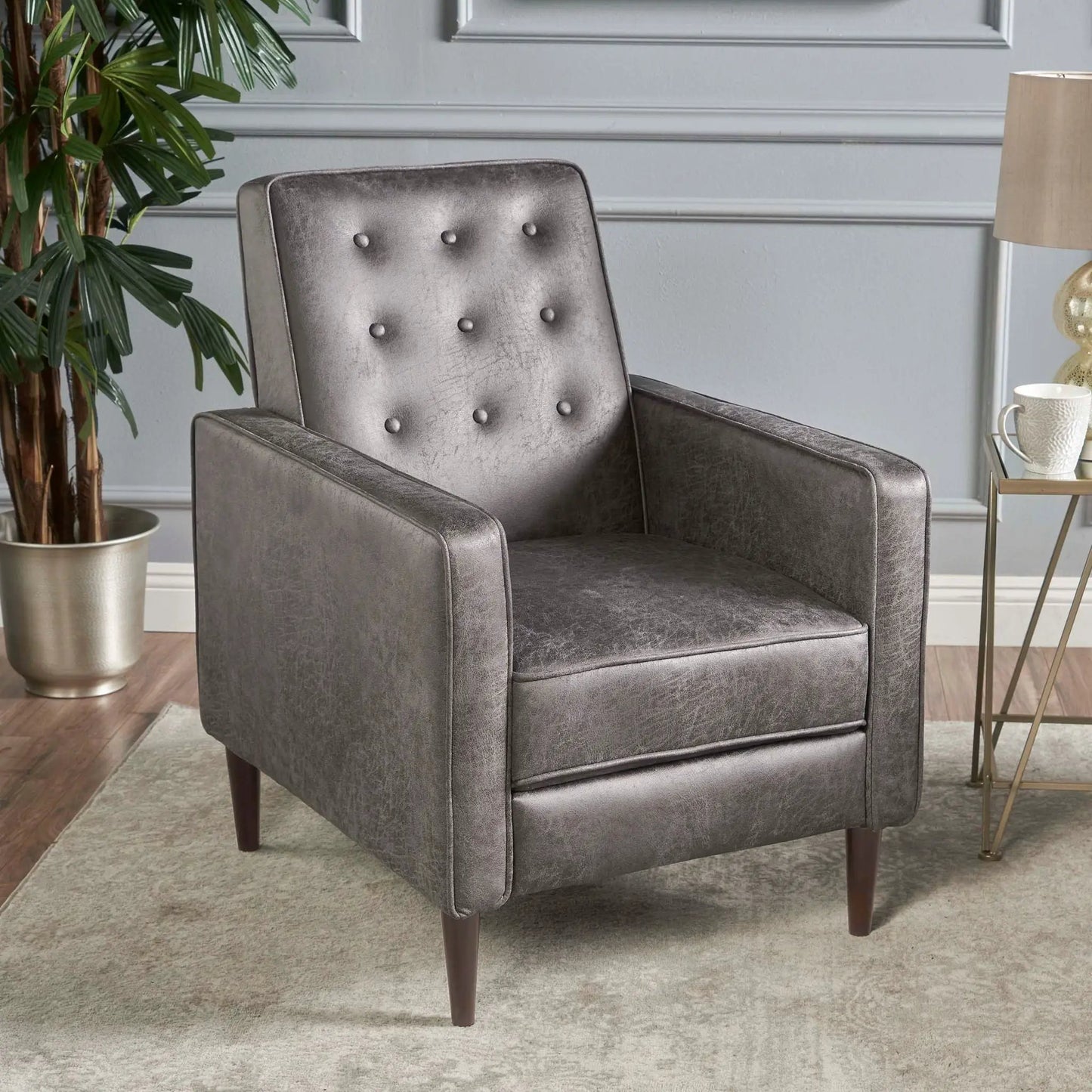Macedonia button tufted fabric recliner slate by Unique Piece Furniture with dark wood legs on Tampa Home & Garden Store
