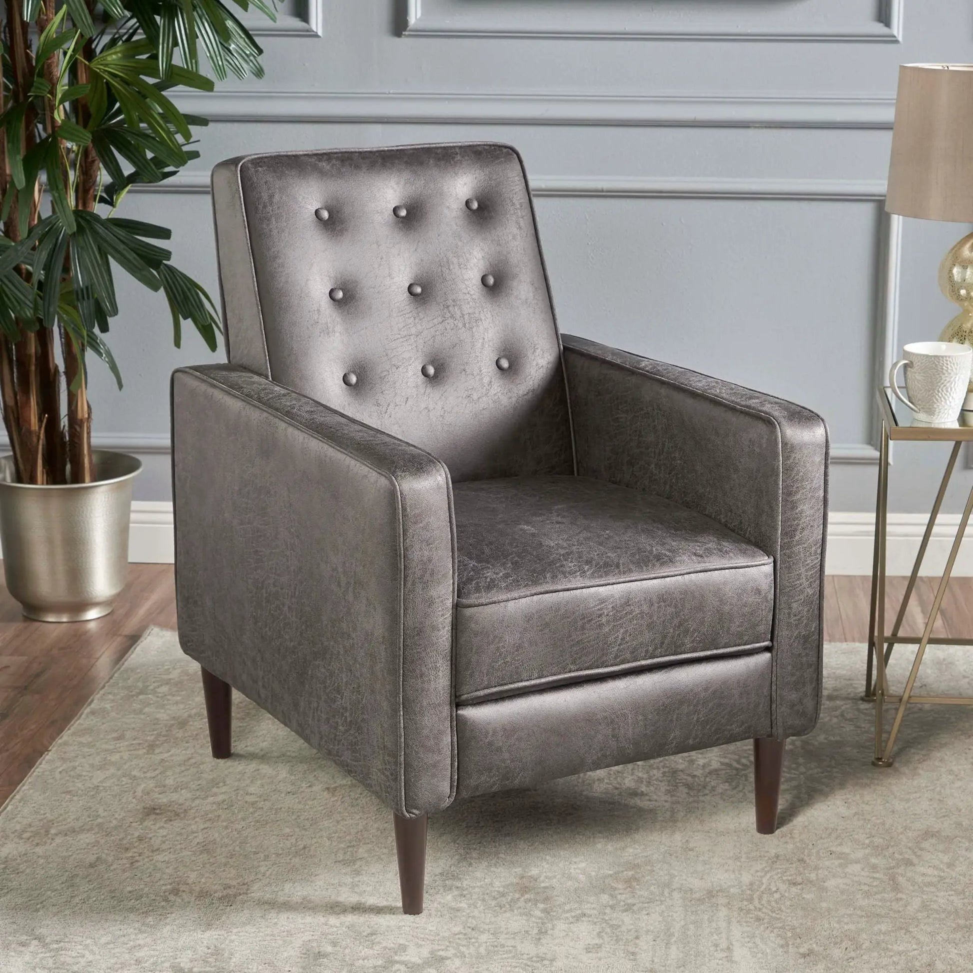 Macedonia button tufted fabric recliner slate by Unique Piece Furniture with dark wood legs on Tampa Home & Garden Store