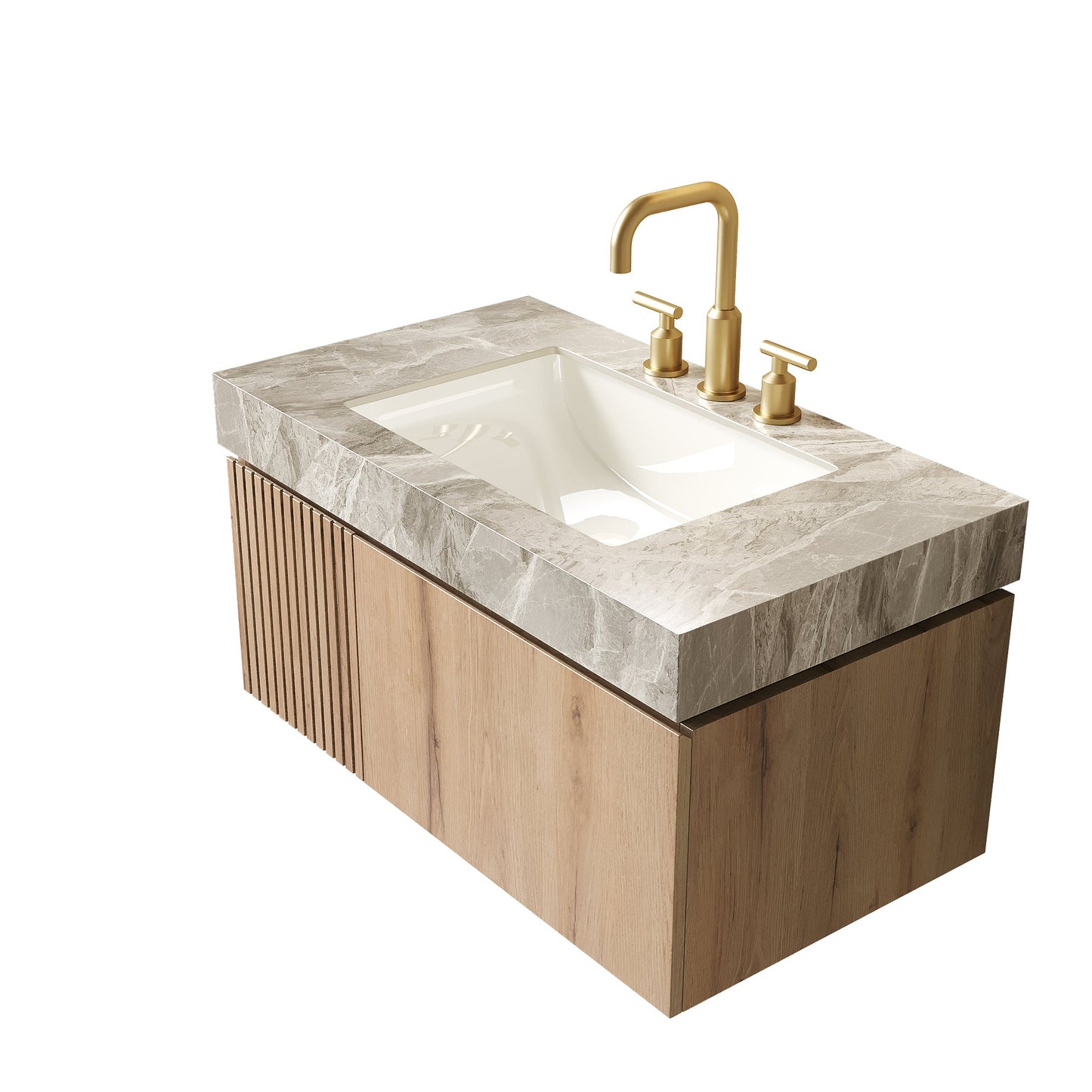 MURI 36in bathroom vanity with marble countertop, sink, gold faucet, floating plywood cabinet on Tampa Home & Garden Store
