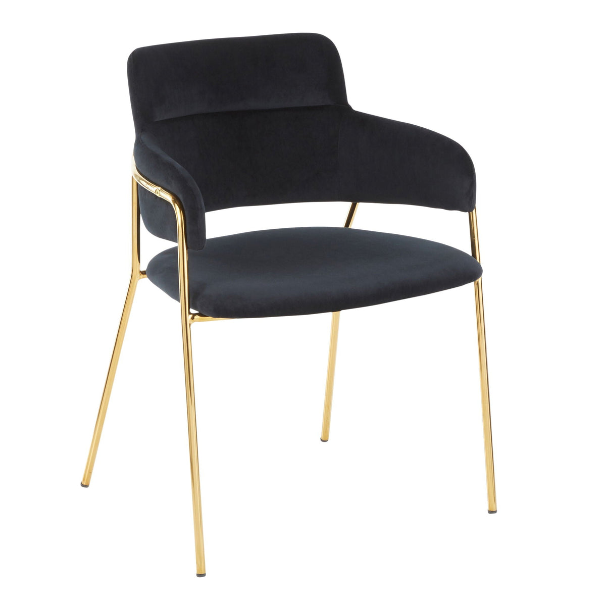 Pair of black velvet padded chairs with gold metal legs and curved arm frames on Tampa Home & Garden Store
