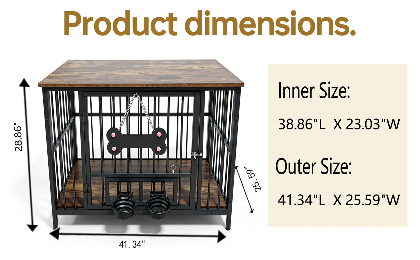 Vintage Wood Grain Dog Cage with two rotating bowls, black metal frame, wood top on Tampa Home & Garden Store