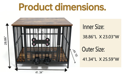 Vintage Wood Grain Dog Cage with two rotating bowls, black metal frame, wood top on Tampa Home & Garden Store